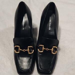 Marc Fisher Black Leather Loafers with Gold Horsebit